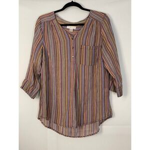 Christopher & Banks Women Multicolor Striped Henley‎ Tunic Shirt Top Size L